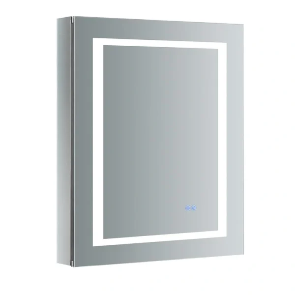 Fresca Spazio 24-in x 30-in Lighted LED Fog Free Surface/Recessed Mount LED Lighting Mirror- Left Mirrored Soft Close Medicine Cabinet with Outlet