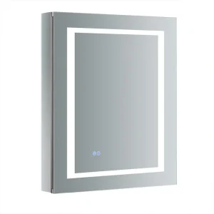 Fresca Spazio 24-in x 30-in Lighted LED Fog Free Surface/Recessed Mount LED Lighting Mirror- Right Mirrored Soft Close Medicine Cabinet with Outlet