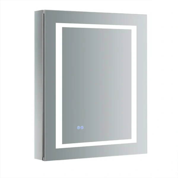 Fresca Spazio 24-in x 30-in Lighted LED Fog Free Surface/Recessed Mount LED Lighting Mirror- Right Mirrored Soft Close Medicine Cabinet with Outlet
