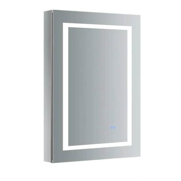 Fresca Spazio 24-in x 36-in Lighted LED Fog Free Surface/Recessed Mount LED Lighting Mirror- Left Mirrored Soft Close Medicine Cabinet with Outlet