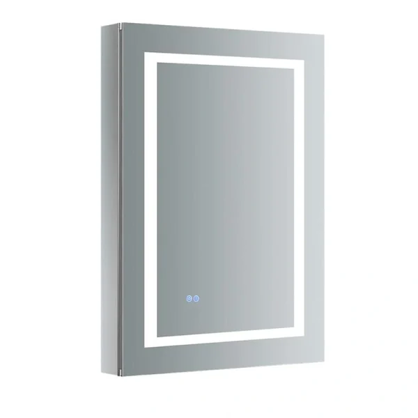 Fresca Spazio 24-in x 36-in Lighted LED Fog Free Surface/Recessed Mount LED Lighting Mirror- Right Mirrored Soft Close Medicine Cabinet with Outlet