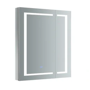 Fresca Spazio 30-in x 36-in Lighted LED Fog Free Surface/Recessed Mount LED Lighting Mirror Mirrored Soft Close Medicine Cabinet with Outlet