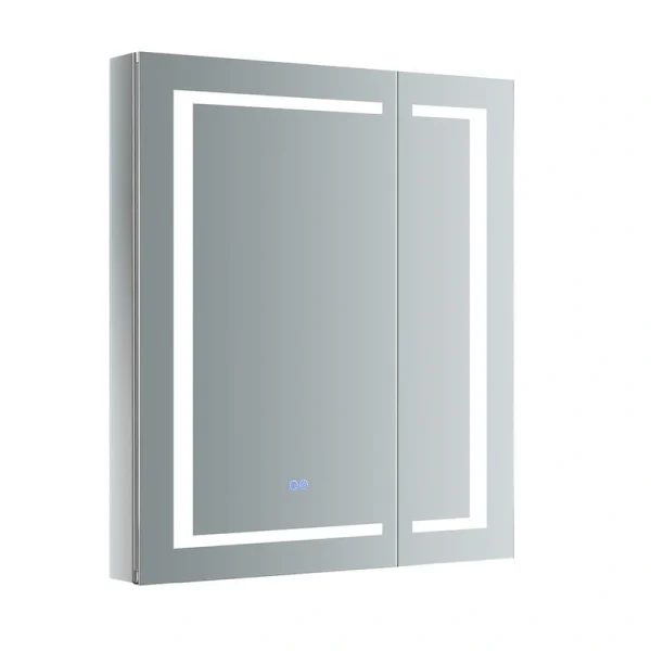 Fresca Spazio 30-in x 36-in Lighted LED Fog Free Surface/Recessed Mount LED Lighting Mirror Mirrored Soft Close Medicine Cabinet with Outlet