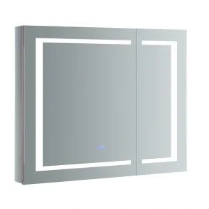 Fresca Spazio 36-in x 30-in Lighted LED Fog Free Surface/Recessed Mount LED Lighting Mirror Mirrored Soft Close Medicine Cabinet with Outlet