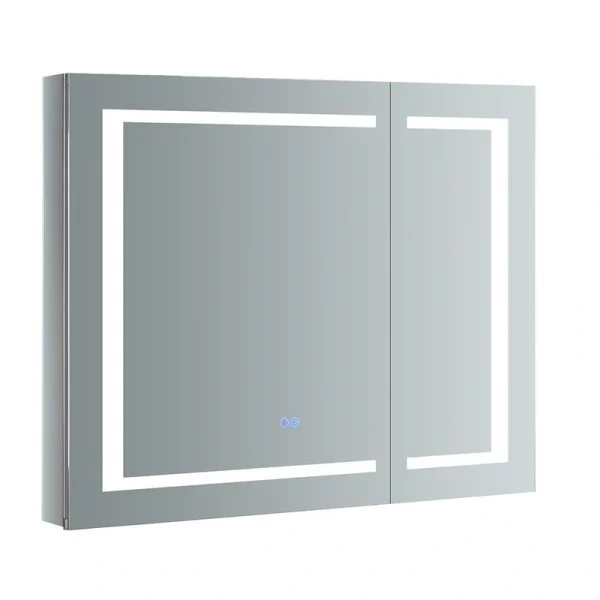 Fresca Spazio 36-in x 30-in Lighted LED Fog Free Surface/Recessed Mount LED Lighting Mirror Mirrored Soft Close Medicine Cabinet with Outlet