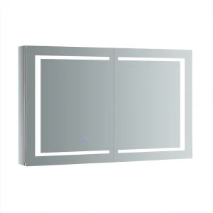 Fresca Spazio 48-in x 30-in Lighted LED Fog Free Surface/Recessed Mount LED Lighting Mirror Mirrored Soft Close Medicine Cabinet with Outlet