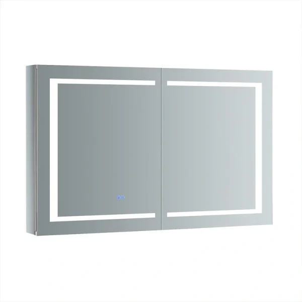 Fresca Spazio 48-in x 30-in Lighted LED Fog Free Surface/Recessed Mount LED Lighting Mirror Mirrored Soft Close Medicine Cabinet with Outlet