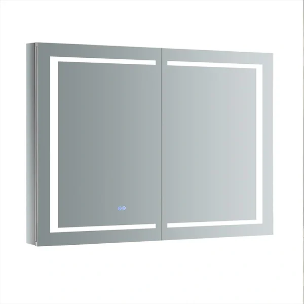 Fresca Spazio 48-in x 36-in Lighted LED Fog Free Surface/Recessed Mount LED Lighting Mirror Mirrored Soft Close Medicine Cabinet with Outlet