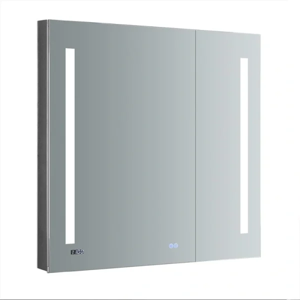 Fresca Tiempo 35.4-in x 35.4-in Lighted LED Fog Free Surface/Recessed Mount LED Lighting Mirrored Soft Close Medicine Cabinet with Outlet