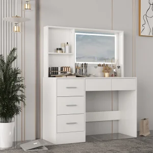 FUFU&GAGA Contemporary Makeup Vanity Table with Sliding Mirror and Adjustable Lights – White, 5 Drawers, 2-Tier Storage Cabinets, Durable MDF Material