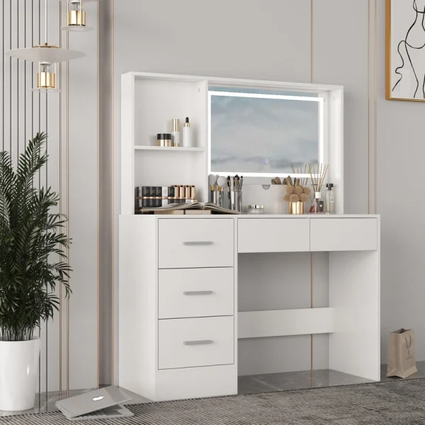 FUFU&GAGA Contemporary Makeup Vanity Table with Sliding Mirror and Adjustable Lights – White, 5 Drawers, 2-Tier Storage Cabinets, Durable MDF Material