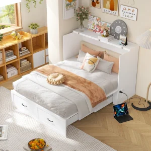 FUFU&GAGA Full Size Murphy Bed Cabinet with Charging Station and Drawer