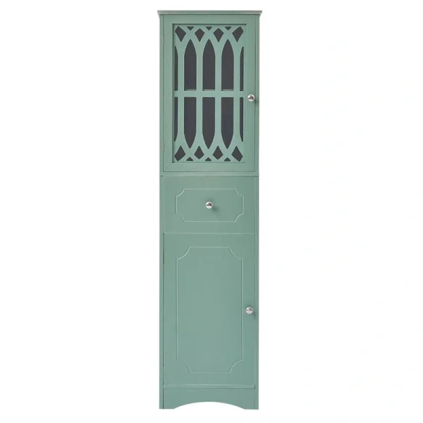 FUNKOL 14.2 in. W x 16.5 in. D x 63.8 in. H Ready to Assemble Floor Base Kitchen Cabinet in Green with 2-Doors and 1-Drawer