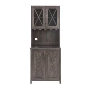 FUNKOL 26.89inx15.87inx67.3in Charcoal Gray Minimalist MDF Ready to Assemble Kitchen Cabinet with Wine Rack and 2 Glass Doors