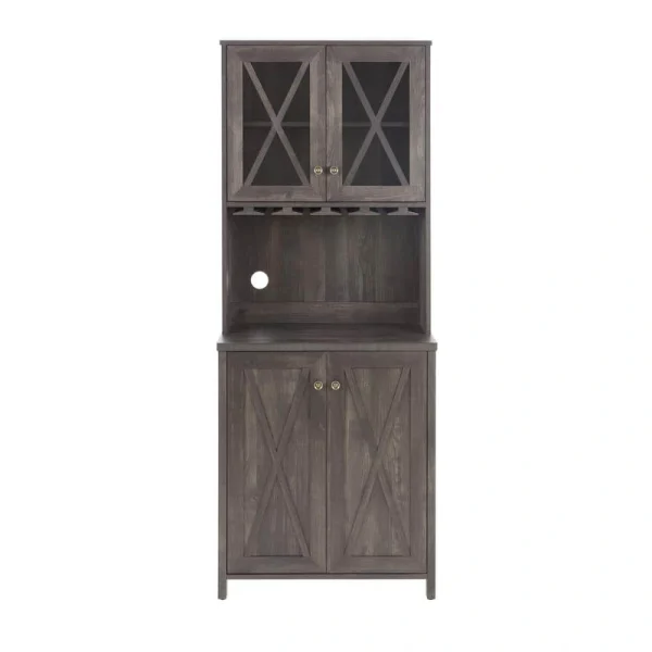 FUNKOL 26.89inx15.87inx67.3in Charcoal Gray Minimalist MDF Ready to Assemble Kitchen Cabinet with Wine Rack and 2 Glass Doors