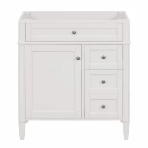 FUNKOL 29.3 x 17.87 x 33 In. White MDF Vertical Bath Cabinet with 3 Drawers and 1 Soft Close Door, Top Sink Not Included