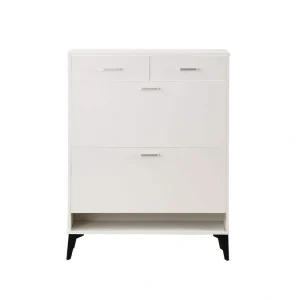 FUNKOL 31.49 in. x 9.44 in. x 42.12 in. Freestanding Flip-Flop Shoe Cabinet in White MDF with 2 Flip-Flop-Drawers and 2-Drawers