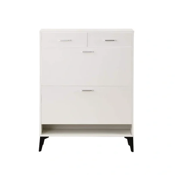FUNKOL 31.49 in. x 9.44 in. x 42.12 in. Freestanding Flip-Flop Shoe Cabinet in White MDF with 2 Flip-Flop-Drawers and 2-Drawers
