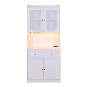 FUNKOL 31.5 in. x 15.75 in. x 70.87 in. White Classic MDF Kitchen Cabinet with Light Charging Stand Microwave Shelf & 1-Drawer