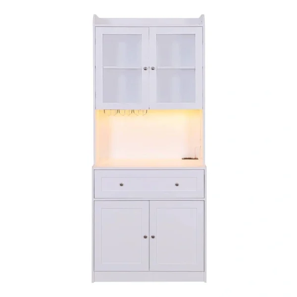 FUNKOL 31.5 in. x 15.75 in. x 70.87 in. White Classic MDF Kitchen Cabinet with Light Charging Stand Microwave Shelf & 1-Drawer