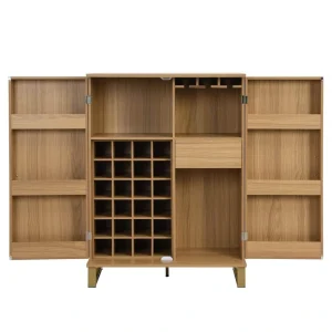 FUNKOL 31.5 in. x 18.5 in. x 42.5 in. Natural Color MDF Carved Wine Cabinet with 2 Folding-Doors and Multiple Wine Racks
