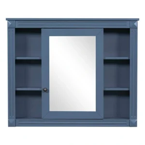 FUNKOL 35 x 7.1 x 28.7 In. Blue Wall Mounted Modern Bathroom Cabinet with Separate Cabinet Door Mirror and 6 Storage Dividers