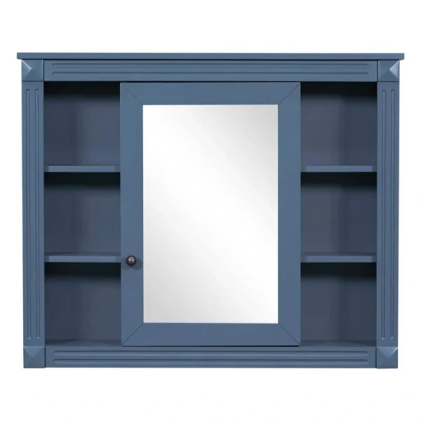 FUNKOL 35 x 7.1 x 28.7 In. Blue Wall Mounted Modern Bathroom Cabinet with Separate Cabinet Door Mirror and 6 Storage Dividers