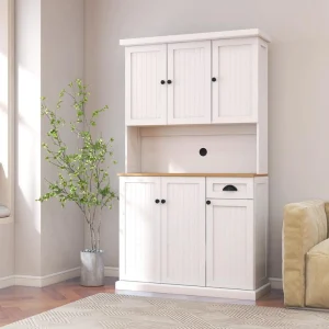 FUNKOL 39.76inx14.96inx70.86in MDF Ready to Assemble Kitchen Cabinet in White with Microwave Countertop, 6 Doors and 1 Drawer
