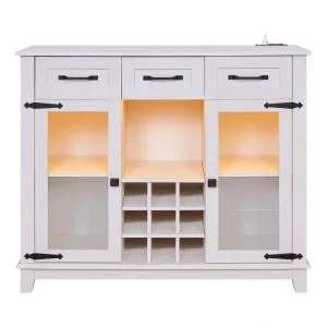 FUNKOL 41.73 in. x 15.35 in. x 30.91 in.Vintage White MDF Kitchen Cabinet w/3-Drawer LED Charging Station Wine Rack & GlassDoor