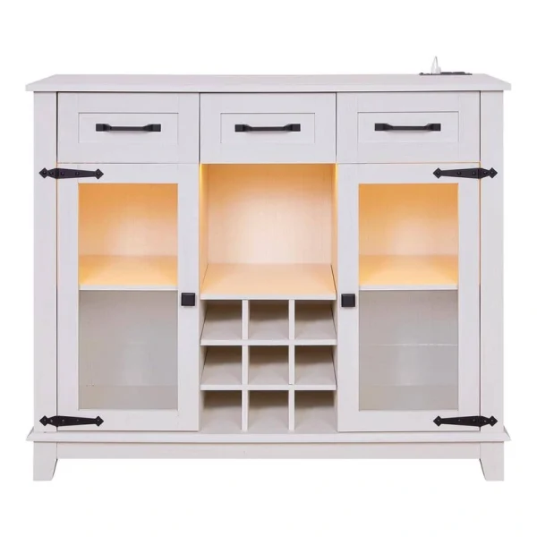 FUNKOL 41.73 in. x 15.35 in. x 30.91 in.Vintage White MDF Kitchen Cabinet w/3-Drawer LED Charging Station Wine Rack & GlassDoor
