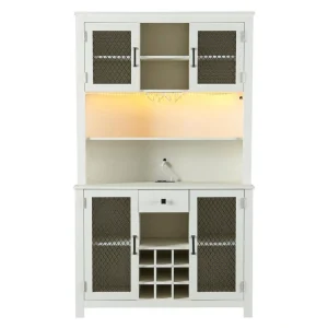 FUNKOL 41.73 in. x 15.75 in. x 70.87 in. White MDF Kitchen Storage Cabinet with LED Outlet, Wine Rack and 4-Doors