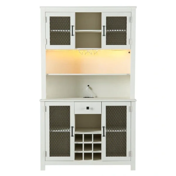 FUNKOL 41.73 in. x 15.75 in. x 70.87 in. White MDF Kitchen Storage Cabinet with LED Outlet, Wine Rack and 4-Doors