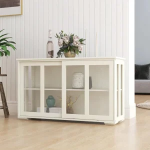 FUNKOL 41.93inx13.99inx24.61in 2-ply MDF Sideboard Ready to Assemble Kitchen Cabinet in White with glass doors