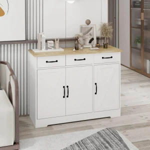 FUNKOL 42.72inx15.35inx32.09in MDF Ready to Assemble Kitchen Cabinet in White with 3 Drawers and 3 Cabinet Doors with X’s