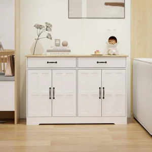 FUNKOL 47.95inx15.35inx32.09in MDF Ready to Assemble Kitchen Cabinet in White with 2 Drawers and 4 Field Cabinet Doors
