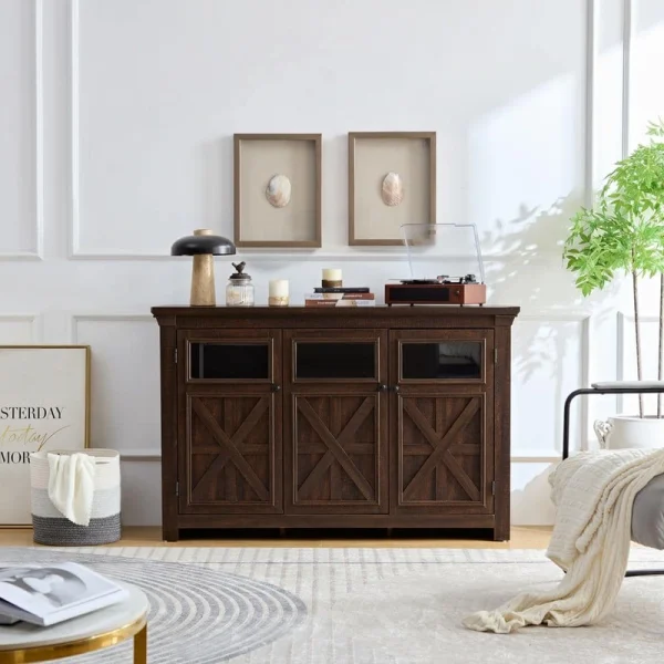FUNKOL 53 in. x 15.35 in. x 35 in. Espresso Vintage MDF Storage Cabinet with 3-Doors