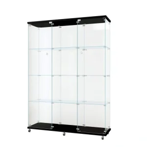 FUNKOL 66.14 in. x 47.64 in. x 14.57 in. 4-Shelf Wooden Ready to Assemble Base Display Cabinet in Black with 2 Glass Doors