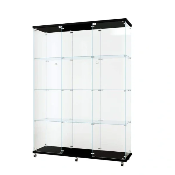 FUNKOL 66.14 in. x 47.64 in. x 14.57 in. 4-Shelf Wooden Ready to Assemble Base Display Cabinet in Black with 2 Glass Doors