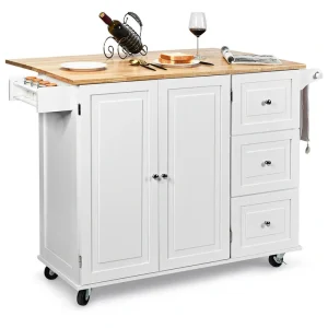 Goplus White Wood Base with Wood Top Rolling Kitchen Cart (30-in x 53.5-in x 36-in)