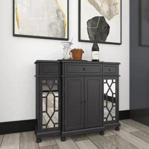 Grayson Lane Black Mirrored 3 Drawer and 4 Door Pine 3-Drawer Accent Chest