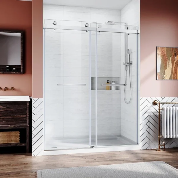 grossag 60 in. W x 76 in. H Sliding Frameless Shower Door in Chrome Finish with 3/8 in. Clear Glass and Stainless Steel