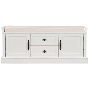 GZMR Storage Bench with 2 Drawers and 2 Cabinets Modern White Storage Bench with Storage 42.5-in x 15.1-in x 17.5-in