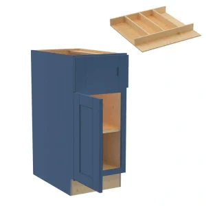 Home Decorators Collection Washington 15 in. W x 24 in. D x 34.5 in. H Vessel Blue Plywood Shaker Assembled Base Kitchen Cabinet Left Utility Tray