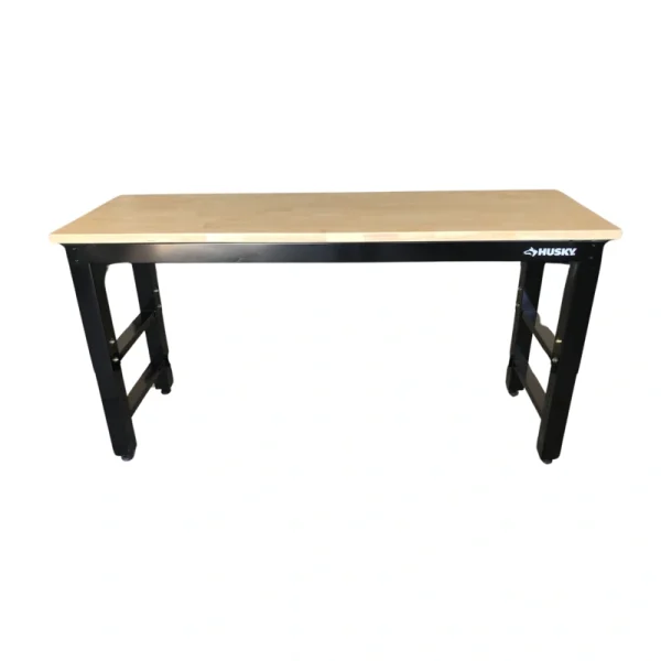 Husky 76 in. W x 23 in. D Adjustable Height Black Workbench with Solid Wood Top