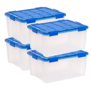 IRIS 15 Gal. Lockable Plastic Storage Tote in Clear with Sturdy Blue Lid and Buckles (4-Pack)