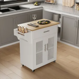 Jarenie White Mdf Base with Composite Wood Top Rolling Kitchen Island (18-in x 26.1-in x 35.2-in)
