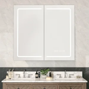 JEAREY 32-in x 27-in Lighted LED Fog Free Surface/Recessed Mount White Mirrored Soft Close Medicine Cabinet with Outlet