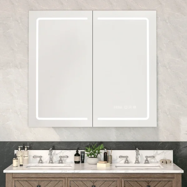 JEAREY 32-in x 27-in Lighted LED Fog Free Surface/Recessed Mount White Mirrored Soft Close Medicine Cabinet with Outlet