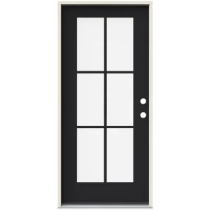 JELD-WEN 36 in. x 80 in. Left-Hand 6 Lite Clear Glass Black Painted Fiberglass Prehung Front Door with Brickmould