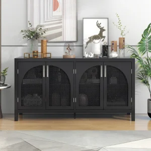 JIMSMAISON The 4-door cabinet with special-shape artificial rattan door panels, convenient metal handles, and a straight-line frame, is an ideal choice for any room in your home